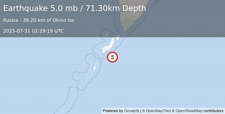 Earthquake KURIL ISLANDS (5.1 mb) (2025-07-31 02:29:15 UTC)