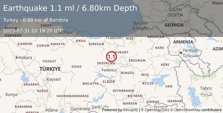 Earthquake EASTERN TURKEY (1.1 ml) (2025-07-31 02:19:20 UTC)