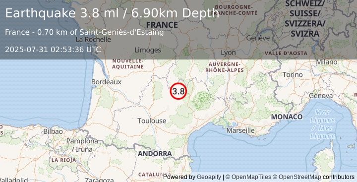 Earthquake FRANCE (3.8 ml) (2025-07-31 02:53:36 UTC)