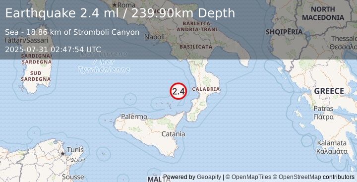Earthquake SICILY, ITALY (2.4 ml) (2025-07-31 02:47:54 UTC)