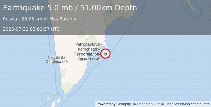 Earthquake OFF EAST COAST OF KAMCHATKA (4.8 mb) (2025-07-31 03:01:49 UTC)