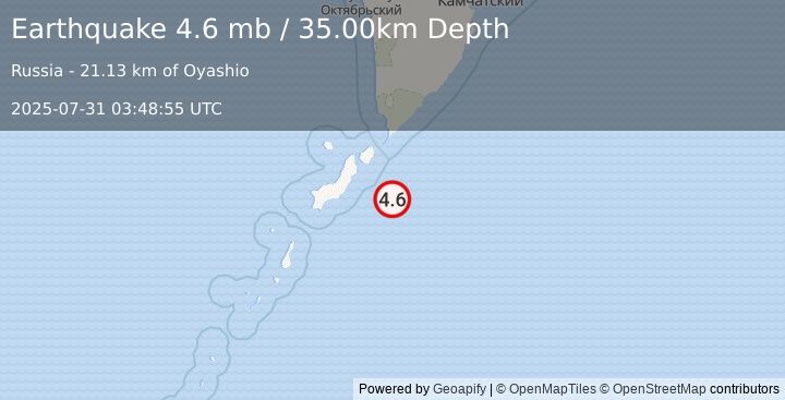 Earthquake KURIL ISLANDS (4.6 mb) (2025-07-31 03:48:55 UTC)