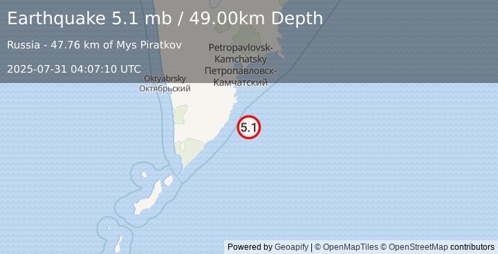 Earthquake NEAR EAST COAST OF KAMCHATKA (5.1 mb) (2025-07-31 04:07:10 UTC)