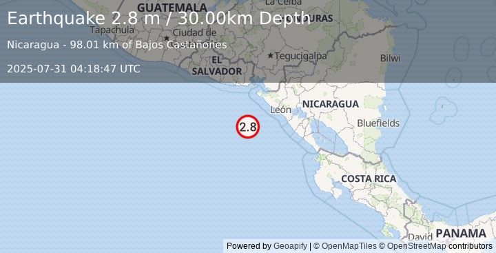 Earthquake NEAR COAST OF NICARAGUA (2.8 m) (2025-07-31 04:18:46 UTC)