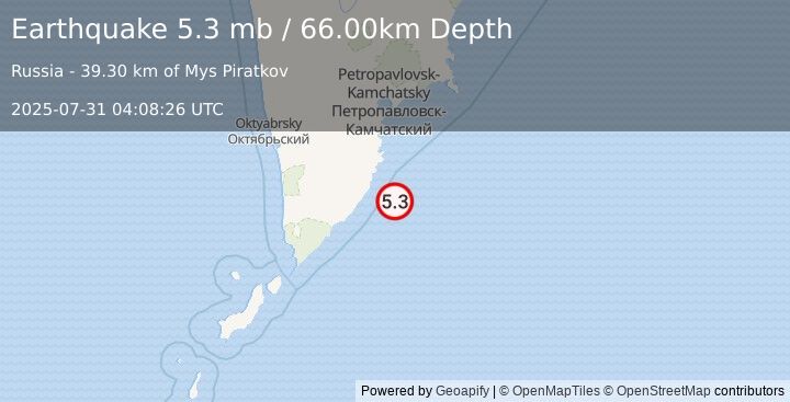 Earthquake NEAR EAST COAST OF KAMCHATKA (5.3 mb) (2025-07-31 04:08:26 UTC)