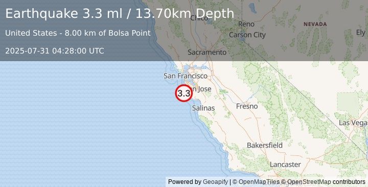 Earthquake OFFSHORE NORTHERN CALIFORNIA (3.3 ml) (2025-07-31 04:28:00 UTC)