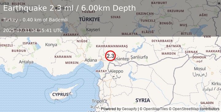 Earthquake CENTRAL TURKEY (2.3 ml) (2025-07-31 04:15:41 UTC)