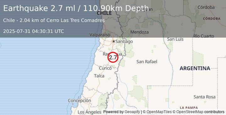 Earthquake LIBERTADOR O'HIGGINS, CHILE (2.7 ml) (2025-07-31 04:30:31 UTC)