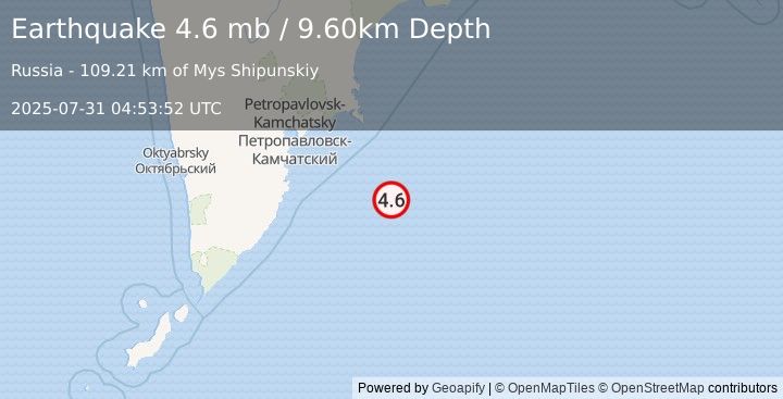 Earthquake OFF EAST COAST OF KAMCHATKA (4.6 mb) (2025-07-31 04:53:52 UTC)