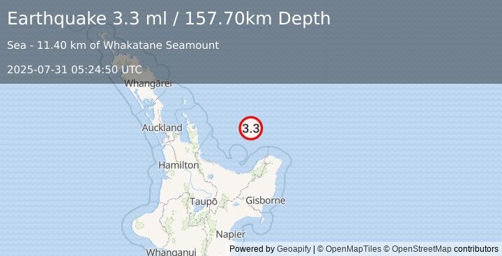 Earthquake OFF E. COAST OF N. ISLAND, N.Z. (3.3 ml) (2025-07-31 05:24:50 UTC)