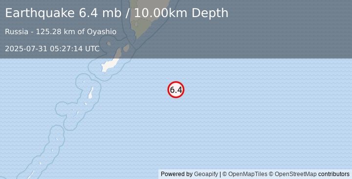 Earthquake EAST OF KURIL ISLANDS (6.5 mb) (2025-07-31 05:27:14 UTC)