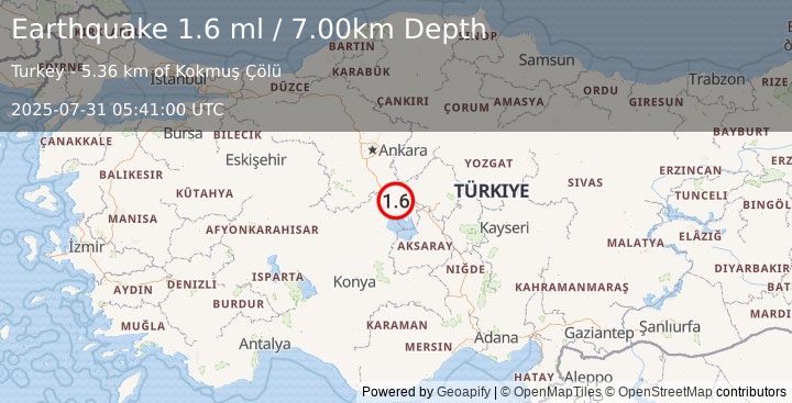 Earthquake CENTRAL TURKEY (1.6 ml) (2025-07-31 05:41:00 UTC)