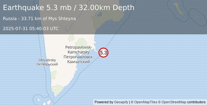 Earthquake NEAR EAST COAST OF KAMCHATKA (5.0 mb) (2025-07-31 05:39:58 UTC)
