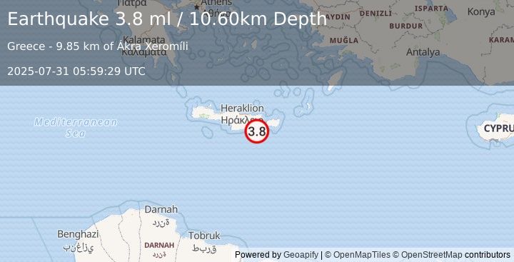 Earthquake CRETE, GREECE (3.9 ml) (2025-07-31 05:59:32 UTC)
