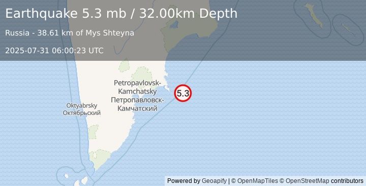 Earthquake OFF EAST COAST OF KAMCHATKA (5.0 mb) (2025-07-31 06:00:18 UTC)