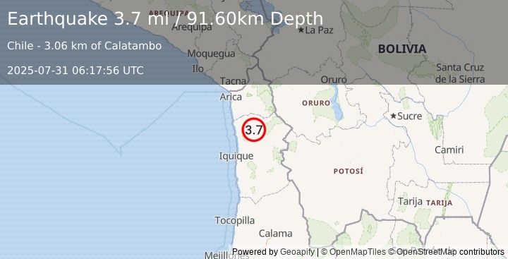 Earthquake TARAPACA, CHILE (3.7 ml) (2025-07-31 06:17:56 UTC)
