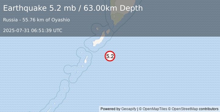 Earthquake KURIL ISLANDS (5.3 mb) (2025-07-31 06:51:38 UTC)