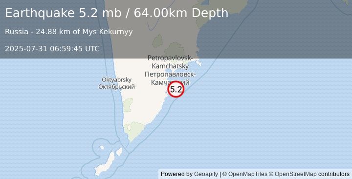 Earthquake NEAR EAST COAST OF KAMCHATKA (5.3 mb) (2025-07-31 06:59:47 UTC)