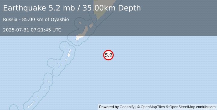 Earthquake EAST OF KURIL ISLANDS (5.2 mb) (2025-07-31 07:21:40 UTC)