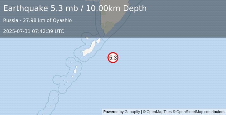 Earthquake KURIL ISLANDS (5.4 mb) (2025-07-31 07:42:39 UTC)