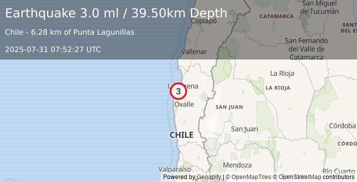 Earthquake OFFSHORE COQUIMBO, CHILE (3.0 ml) (2025-07-31 07:52:27 UTC)