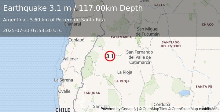 Earthquake LA RIOJA, ARGENTINA (3.1 m) (2025-07-31 07:53:30 UTC)