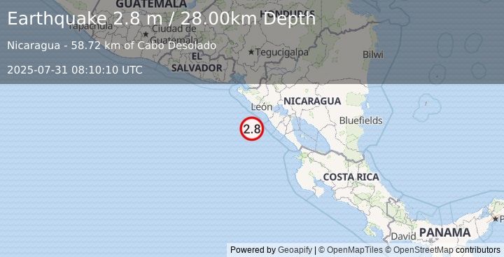 Earthquake NEAR COAST OF NICARAGUA (2.8 m) (2025-07-31 08:10:10 UTC)
