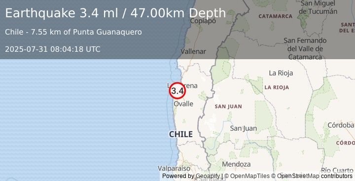 Earthquake OFFSHORE COQUIMBO, CHILE (3.4 ml) (2025-07-31 08:04:18 UTC)