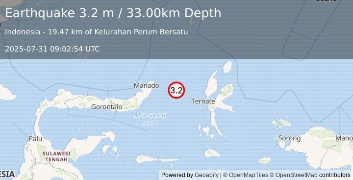 Earthquake MOLUCCA SEA (3.2 m) (2025-07-31 09:02:54 UTC)