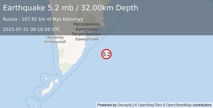 Earthquake OFF EAST COAST OF KAMCHATKA (5.6 mb) (2025-07-31 09:10:56 UTC)