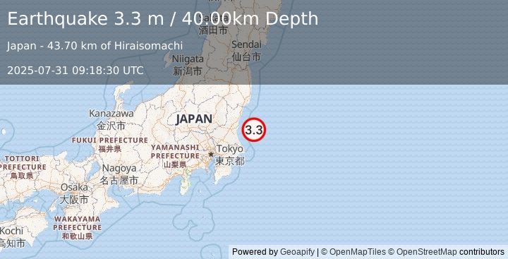 Earthquake NEAR EAST COAST OF HONSHU, JAPAN (3.3 m) (2025-07-31 09:18:30 UTC)