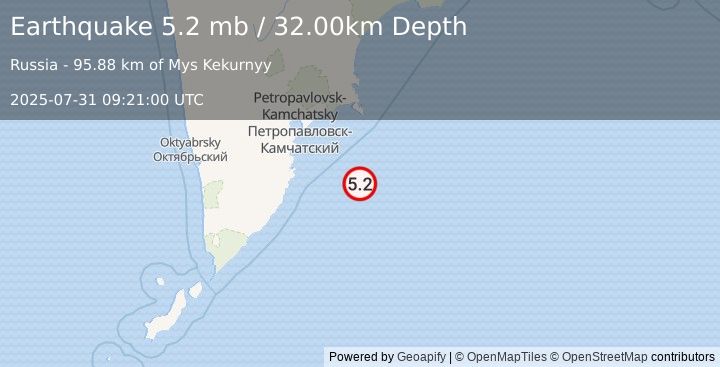 Earthquake OFF EAST COAST OF KAMCHATKA (5.0 m) (2025-07-31 09:20:55 UTC)