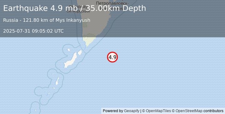 Earthquake EAST OF KURIL ISLANDS (4.9 mb) (2025-07-31 09:05:02 UTC)