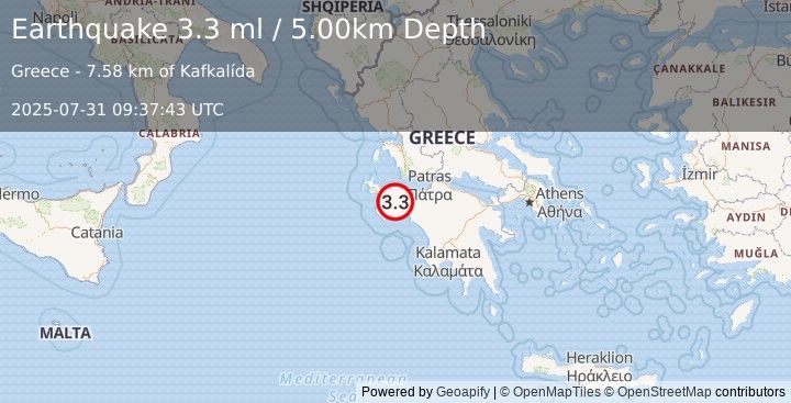 Earthquake SOUTHERN GREECE (3.3 ml) (2025-07-31 09:37:43 UTC)