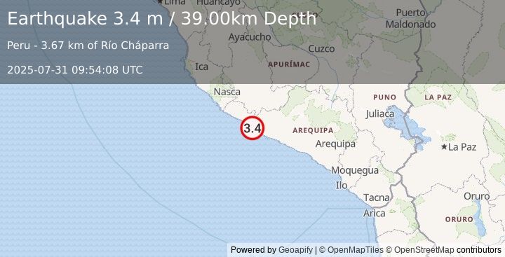 Earthquake NEAR COAST OF SOUTHERN PERU (3.4 m) (2025-07-31 09:54:08 UTC)