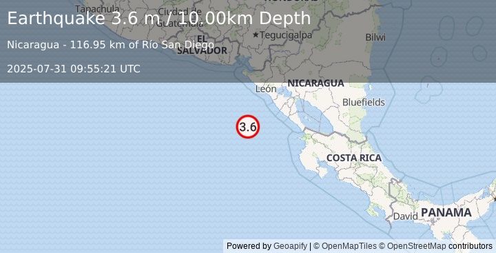 Earthquake NEAR COAST OF NICARAGUA (3.6 m) (2025-07-31 09:55:21 UTC)