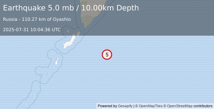 Earthquake EAST OF KURIL ISLANDS (5.0 mb) (2025-07-31 10:04:38 UTC)