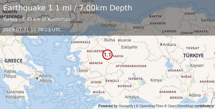 Earthquake WESTERN TURKEY (1.1 ml) (2025-07-31 10:00:23 UTC)