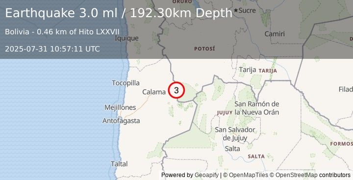 Earthquake ANTOFAGASTA, CHILE (3.0 ml) (2025-07-31 10:57:11 UTC)