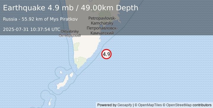 Earthquake OFF EAST COAST OF KAMCHATKA (4.9 mb) (2025-07-31 10:37:52 UTC)