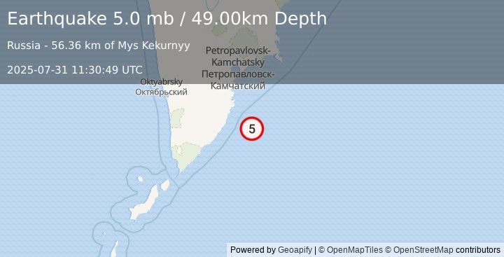 Earthquake OFF EAST COAST OF KAMCHATKA (5.2 mb) (2025-07-31 11:30:43 UTC)