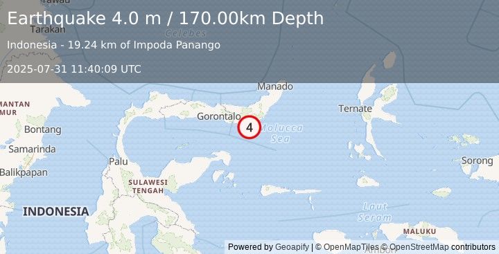Earthquake MINAHASA, SULAWESI, INDONESIA (4.0 m) (2025-07-31 11:40:09 UTC)