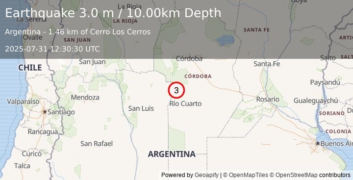 Earthquake CORDOBA, ARGENTINA (3.0 m) (2025-07-31 12:30:30 UTC)