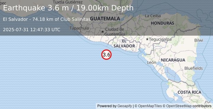 Earthquake OFFSHORE EL SALVADOR (3.6 m) (2025-07-31 12:47:33 UTC)
