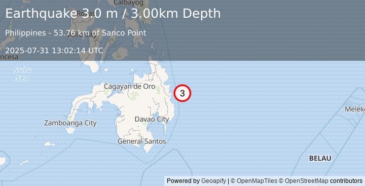 Earthquake MINDANAO, PHILIPPINES (3.0 m) (2025-07-31 13:02:14 UTC)