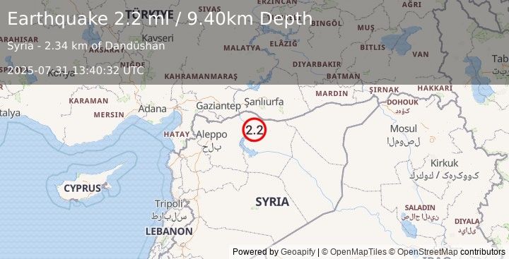 Earthquake TURKEY-SYRIA BORDER REGION (2.2 ml) (2025-07-31 13:40:32 UTC)