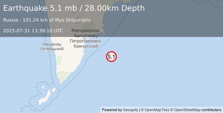 Earthquake OFF EAST COAST OF KAMCHATKA (5.2 mb) (2025-07-31 13:39:07 UTC)