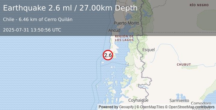 Earthquake ISLA CHILOE, LOS LAGOS, CHILE (2.6 ml) (2025-07-31 13:50:56 UTC)