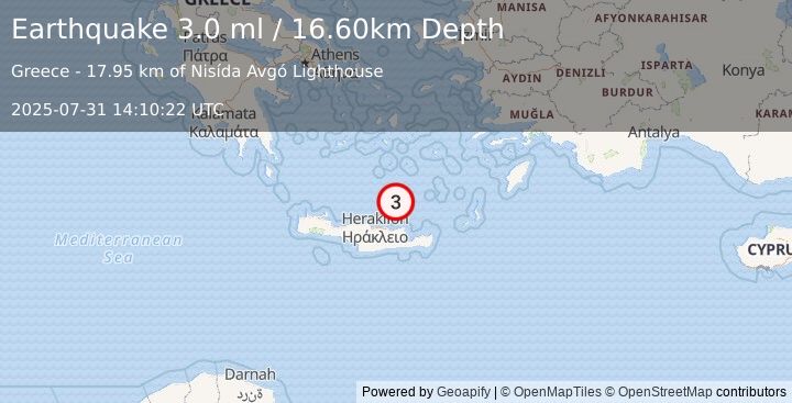 Earthquake CRETE, GREECE (3.0 ml) (2025-07-31 14:10:22 UTC)