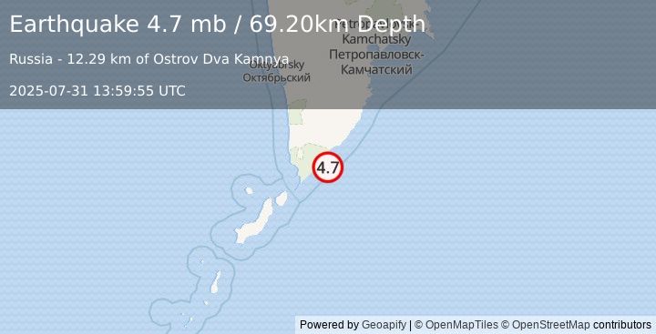 Earthquake NEAR EAST COAST OF KAMCHATKA (4.7 mb) (2025-07-31 13:59:55 UTC)